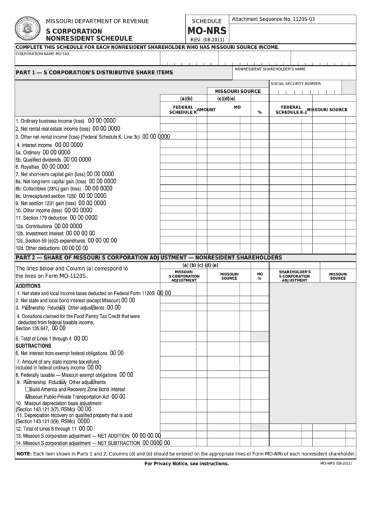 Fillable Schedule Mo-Nrs - S Corporation Nonresident Schedule Printable pdf