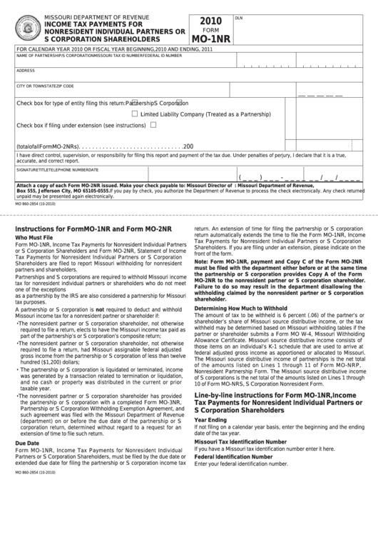 Fillable Form Mo-1nr - Income Tax Payments For Nonresident Individual Partners Or S Corporation Shareholders - 2010 Printable pdf