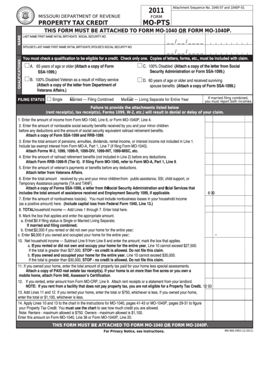 Fillable Form Mo-Pts - Property Tax Credit - 2011 Printable pdf