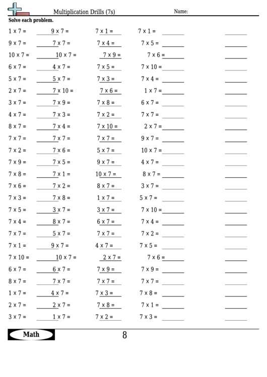 Multiplication Drills (7s) - Multiplication Worksheet With Answers Printable pdf