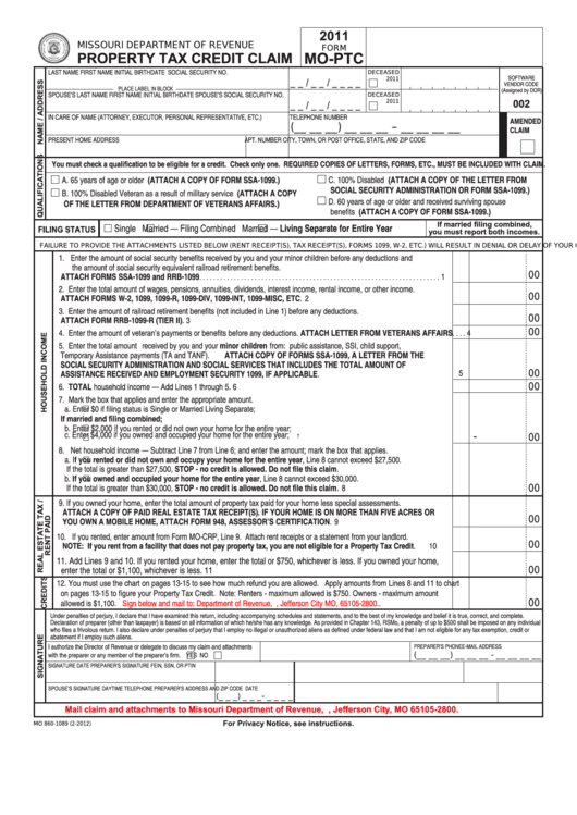 Form Mo-Ptc - Property Tax Credit Claim - 2011 Printable pdf