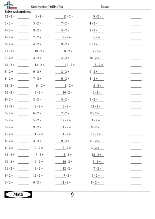 Subtraction Drills (2s) - Subtraction Worksheet With Answers Printable pdf