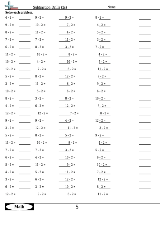 Subtraction Drills (2s) - Subtraction Worksheet With Answers Printable pdf