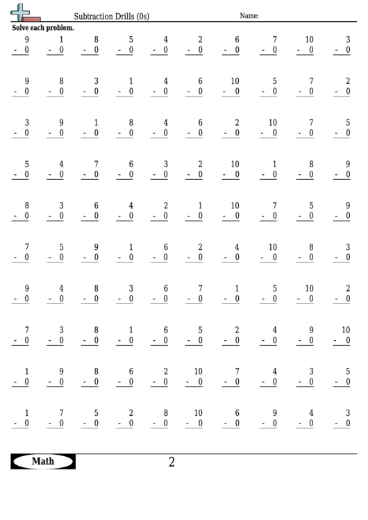 Subtraction Drills (0s) - Subtraction Worksheet With Answers printable ...