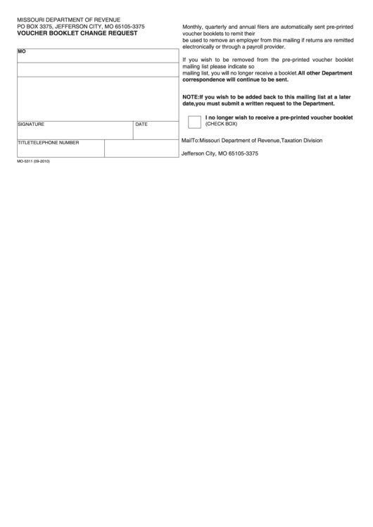 Fillable Form Mo-5311 - Voucher Booklet Change Request Printable pdf
