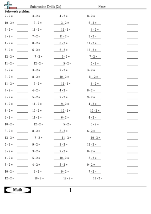 Subtraction Drills (2s) - Subtraction Worksheet With Answers printable ...