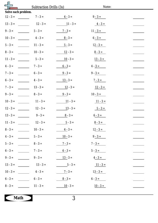 Subtraction Drills (3s) - Subtraction Worksheet With Answers Printable pdf
