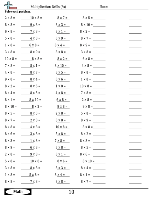 Multiplication Drills (8s) - Multiplication Worksheet With Answers