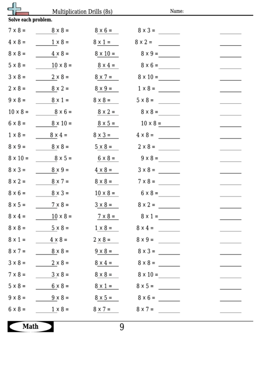 Multiplication Drills (8s) - Multiplication Worksheet With Answers Printable pdf