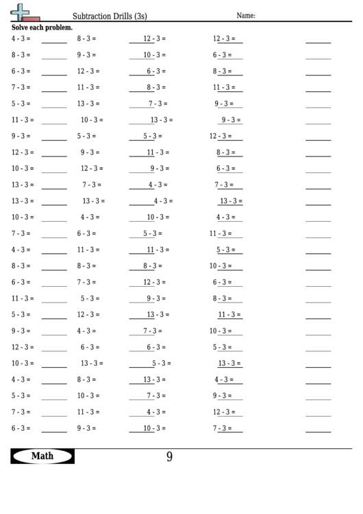 Subtraction Drills (3s) - Subtraction Worksheet With Answers Printable pdf