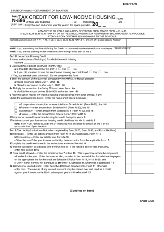 Fillable Form N-586 - Tax Credit For Low-Income Housing Printable pdf