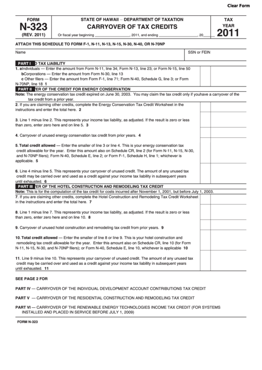 Fillable Form N-323 - Carryover Of Tax Credits - 2011 Printable pdf