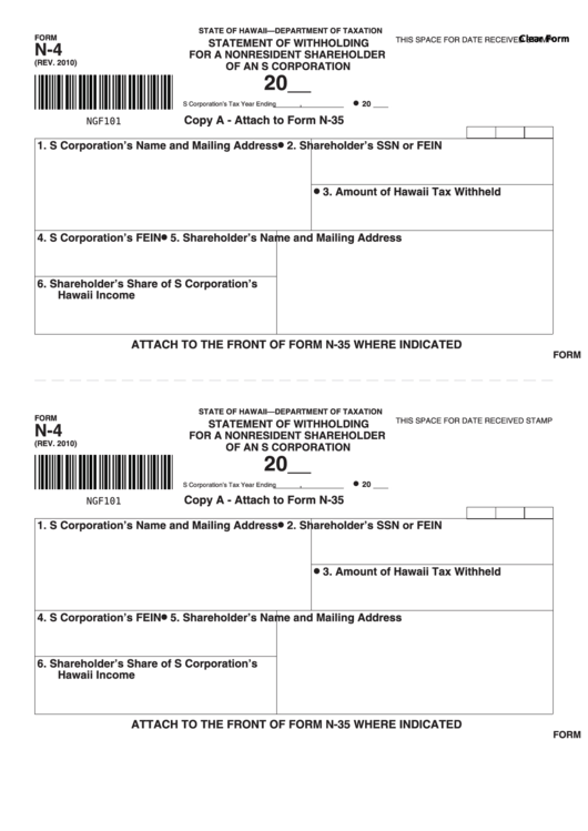 Fillable Form N-4 - Statement Of Withholding For A Nonresident Shareholder Of An S Corporation Printable pdf