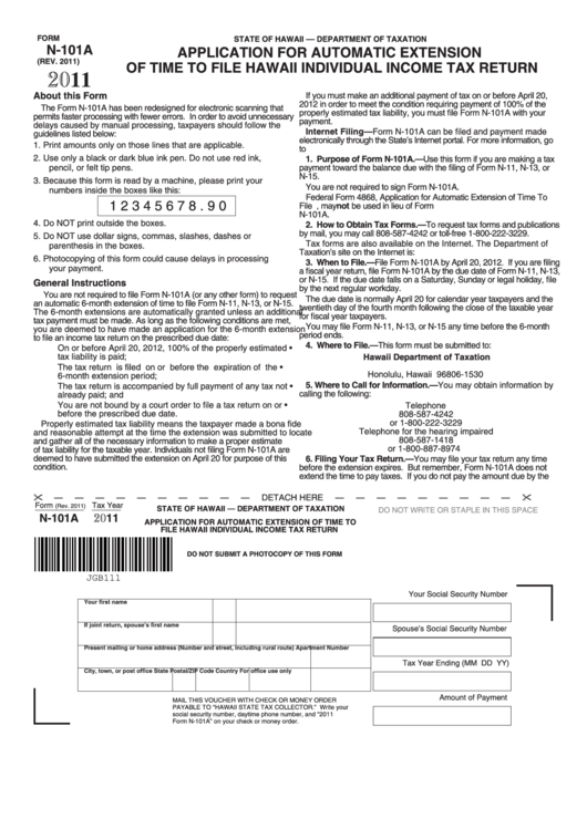 Form N-101a - Application For Automatic Extension Of Time To File Hawaii Individual Income Tax Return - 2011
