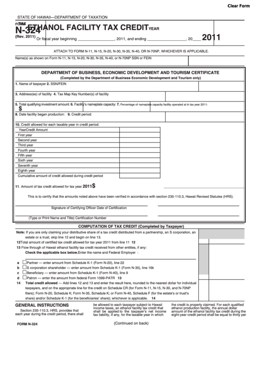 Fillable Form Tax N-324 - Ethanol Facility Tax Credit - 2011 Printable pdf