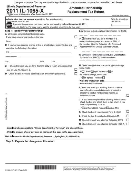 Fillable Form Il-1065-X - Amended Partnership Replacement Tax Return - 2011 Printable pdf