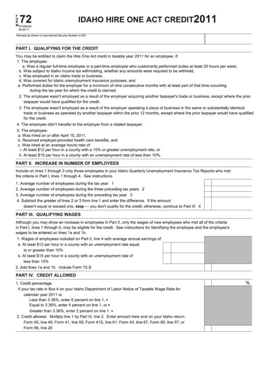 Fillable Form 72 - Idaho Hire One Act Credit - 2011 Printable pdf