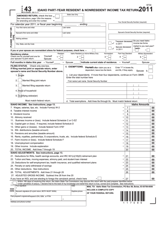 Fillable Form 43 - Idaho Part-Year Resident & Nonresident Income Tax Return - 2011 Printable pdf