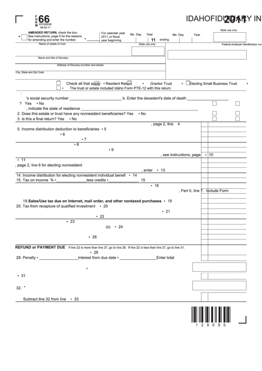 Fillable Form 66 - Idaho Fiduciary Income Tax Return - 2011 Printable pdf