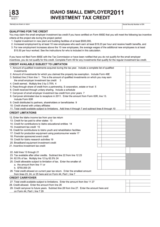 Form 83 - Idaho Small Employer Investment Tax Credit - 2011 Printable pdf