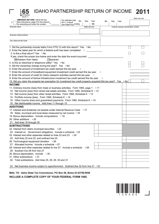 Fillable Form 65 - Idaho Partnership Return Of Income - 2011 Printable pdf