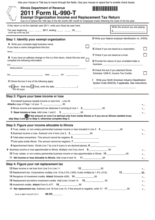 Fillable Form Il-990-T - Exempt Organization Income And Replacement Tax Return - 2011 Printable pdf