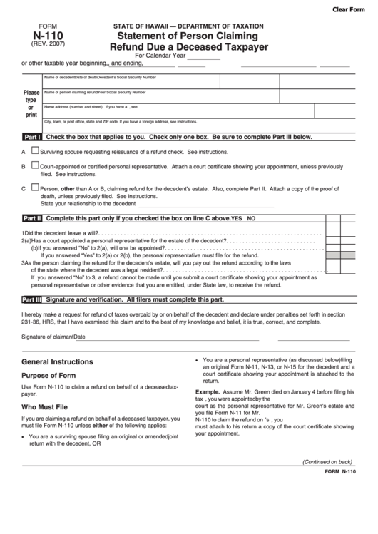 Form N-110 - Statement Of Person Claiming Refund Due A Deceased Taxpayer