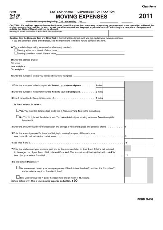 Fillable Form N-139 - Moving Expenses - 2011 Printable pdf