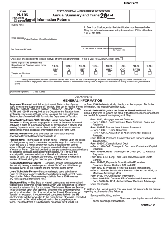 Fillable Form N-196 - Annual Summary And Transmittal Of Hawaii Information Returns Printable pdf