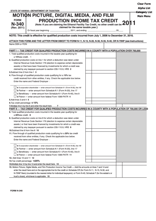 Fillable Form N-340 - Motion Picture, Digital Media, And Film Production Income Tax Credit - 2011 Printable pdf
