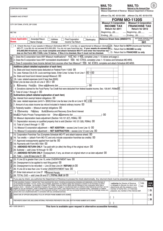 Fillable Form Mo-1120s - Missouri S Corporation Income Tax Return For 2011/missouri S Corporation Franchise Tax Return For 2012 Printable pdf