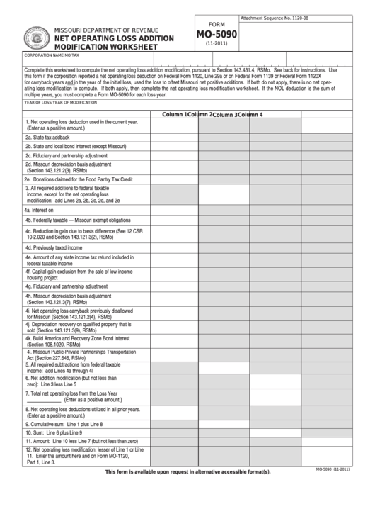 Fillable Form Mo-5090 - Net Operating Loss Addition Modification Worksheet Printable pdf