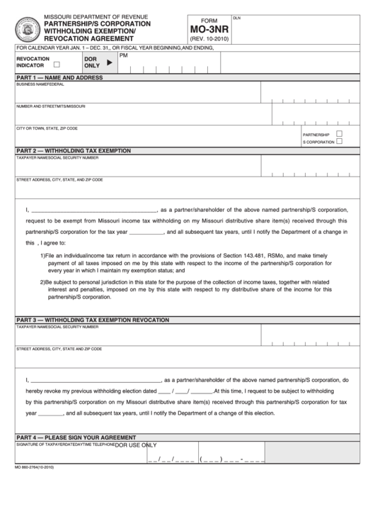Fillable Form Mo-3nr - Partnership/s Corporation Withholding Exemption/ Revocation Agreement Printable pdf