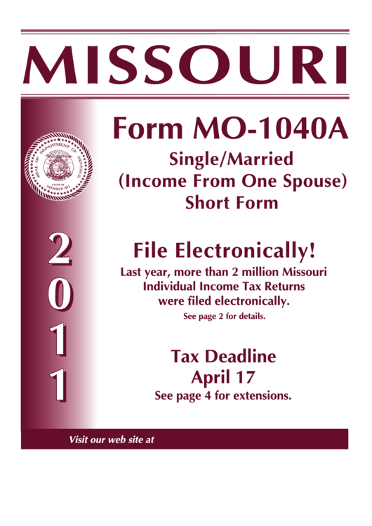 Form Mo-1040a - Booklet Missouri Single/married (Income From One Spouse) Short Form - 2011 Printable pdf