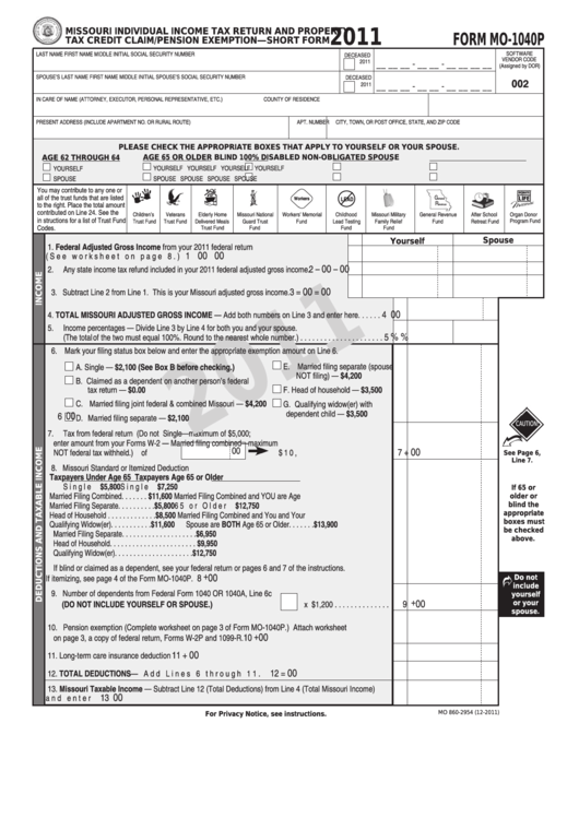 Form Mo-1040p - Missouri Individual Income Tax Return And Property Tax Credit Claim/pension Exemption - Short Form - 2011 Printable pdf