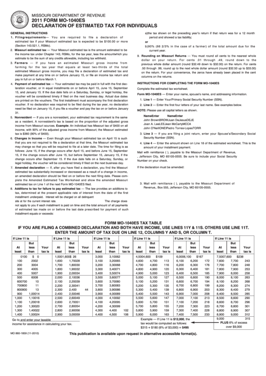 Form Mo-1040es - Declaration Of Estimated Tax For Individuals - 2011 Printable pdf