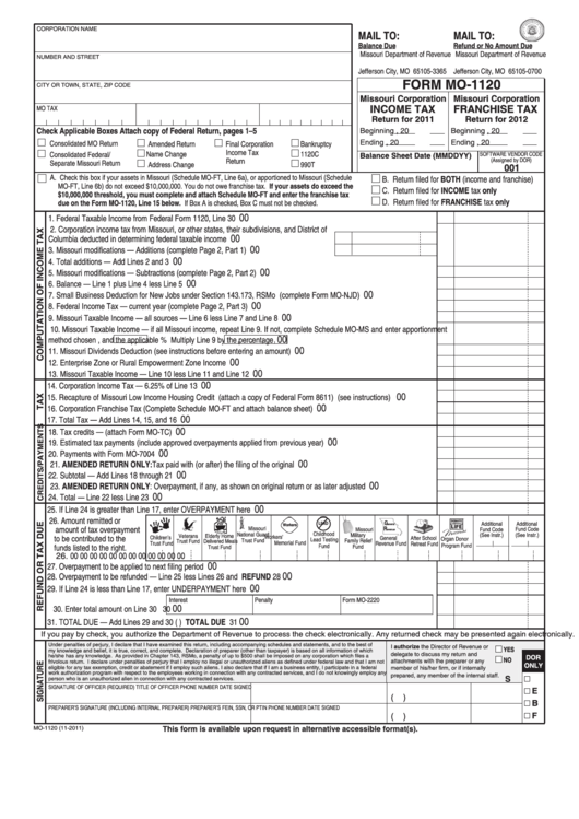 Fillable Form Mo-1120 - Missouri Corporation Income Tax Return For 2011/missouri Corporation Franchise Tax Return For 2012 Printable pdf