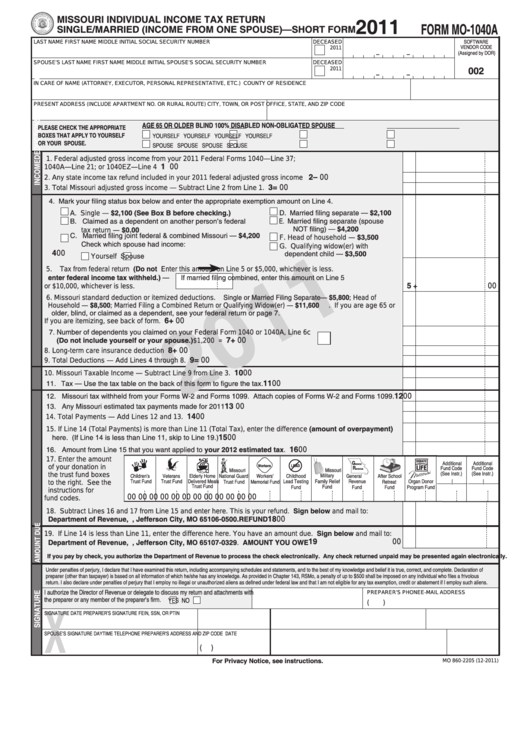 Form Mo-1040a - Missouri Individual Income Tax Return Single/married (Income From One Spouse) - Short Form - 2011 Printable pdf