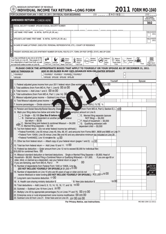 Form Mo-1040 - Individual Income Tax Return - Long Form - 2011 Printable pdf