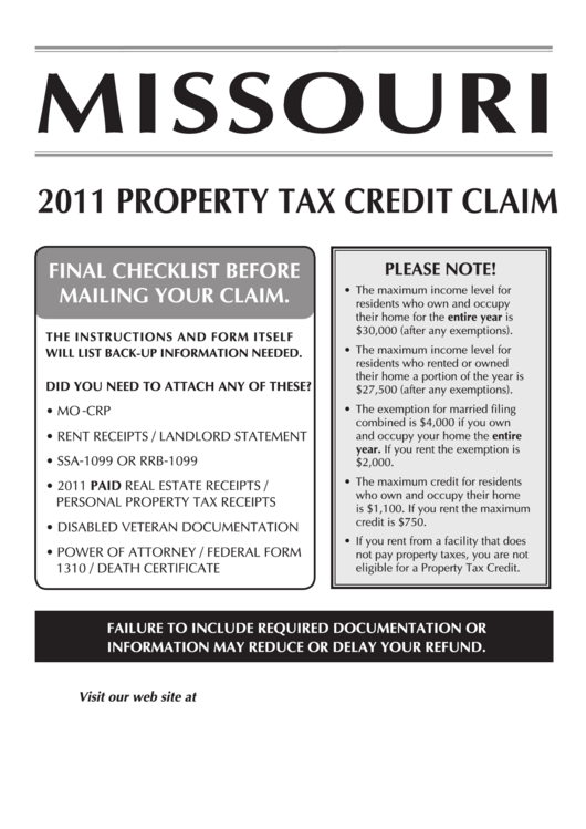 Form Mo-Ptc - Missouri Book Property Tax Credit Claim - 2011 Printable pdf