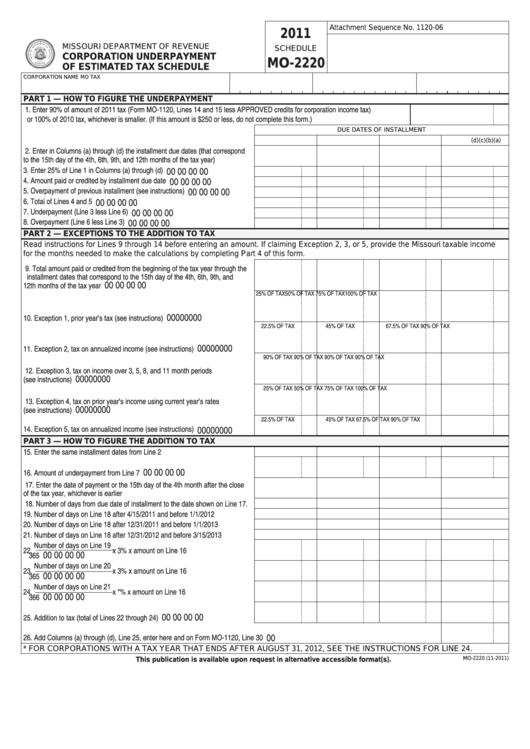 Fillable Schedule Mo-2220 - Corporation Underpayment Of Estimated Tax Schedule - 2011 Printable pdf