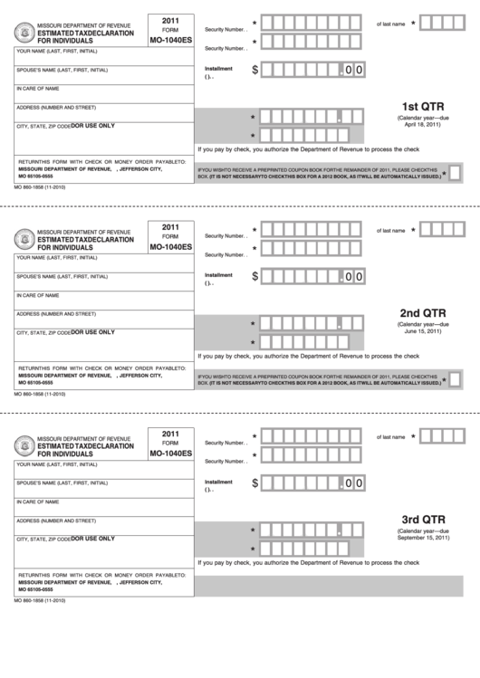 Fillable Form Mo-1040es - Estimated Tax Declaration For Individuals - 2011 Printable pdf