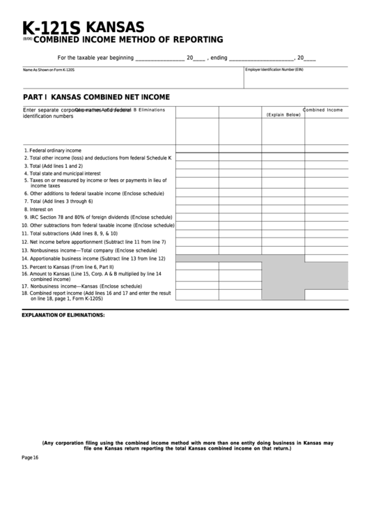 Form K-121s - Kansas Combined Income Method Of Reporting Printable pdf