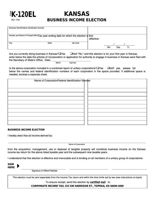 Form K-120el - Kansas Business Income Election Printable pdf