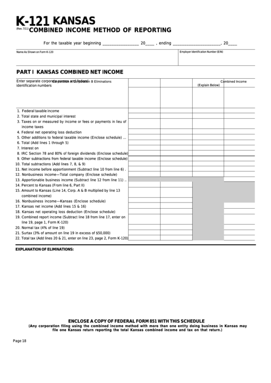 Form K-121 - Kansas Combined Income Method Of Reporting Printable pdf