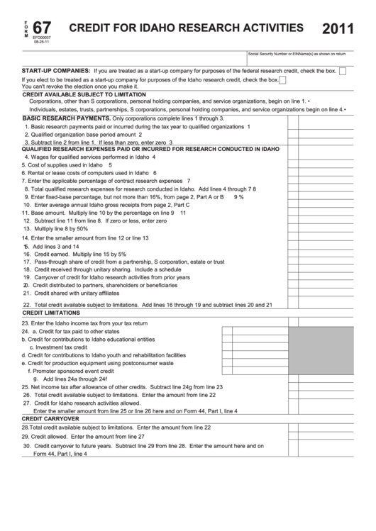 Fillable Form 67 - Credit For Idaho Research Activities - 2011 Printable pdf