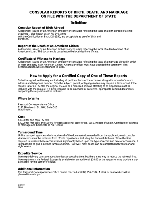 Consular Vital Record Search Request Form - District Of Columbia Department Of State Printable pdf