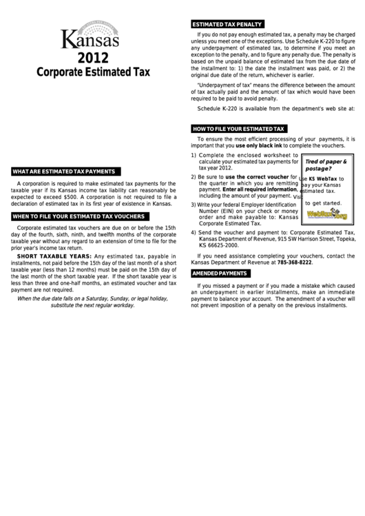 Form K-120es - Kansas Corporate Estimated Income Tax Voucher - 2012 Printable pdf