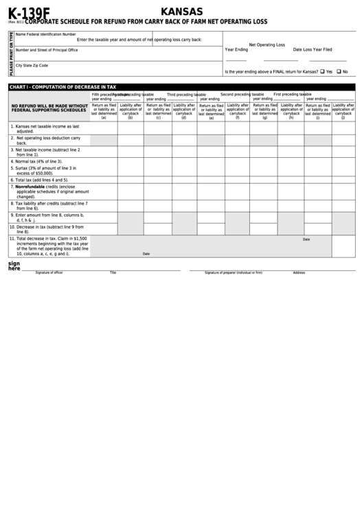 Form K139f Kansas Corporate Schedule For Refund From Carry Back Of