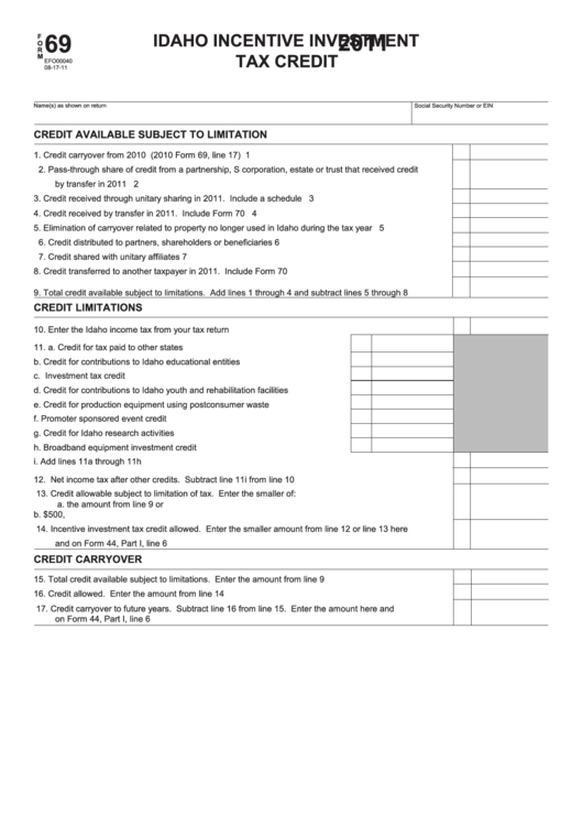 Fillable Form 69 - Idaho Incentive Investment Tax Credit - 2011 Printable pdf